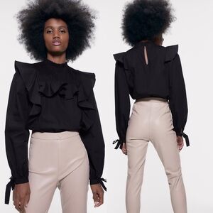 Zara Black Ruffle Smocked Long Sleeve Blouse Top